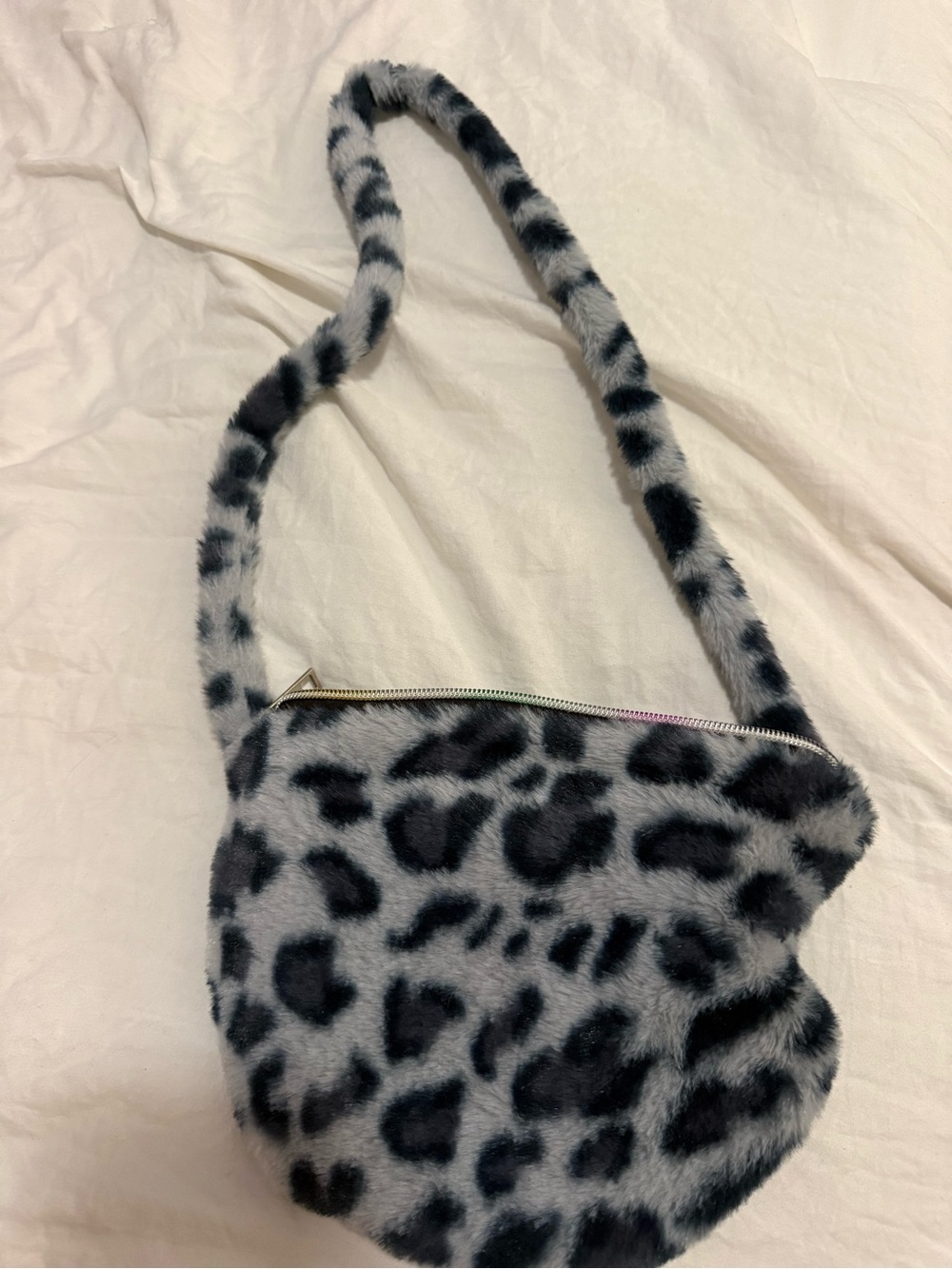 SHEIN Gray and Black Faux Fur Leopard Shoulder Bag